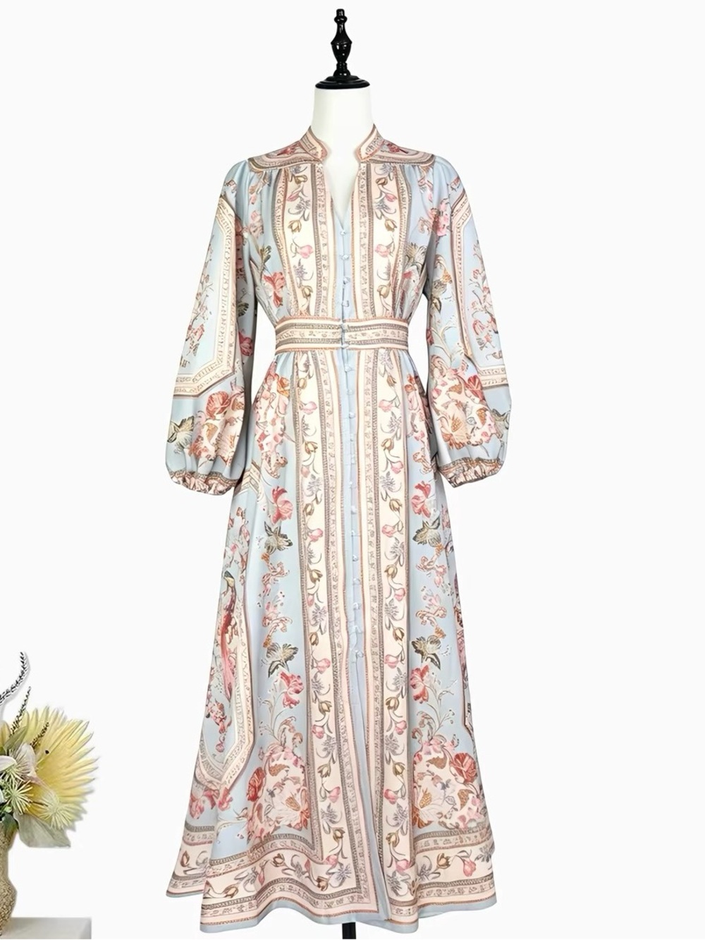 Designer-style Floral Print Maxi Dress in Light Blue and Pink